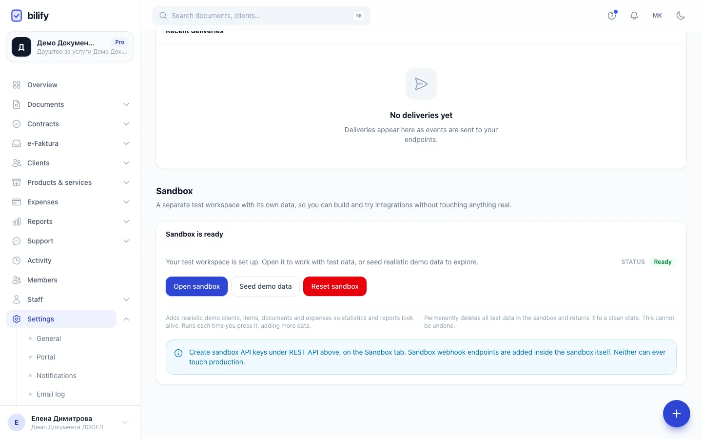Step 2: Seed demo data adds sample clients, items, documents and expenses to the sandbox. Each click adds more.