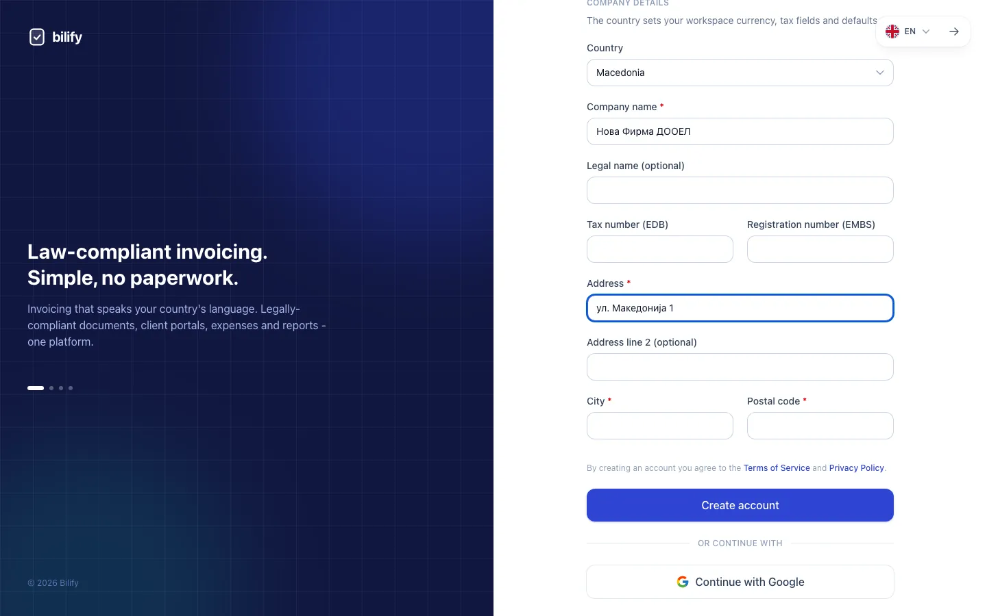 Step 7: Click Create account. Bilify creates your workspace and emails you a verification link.
