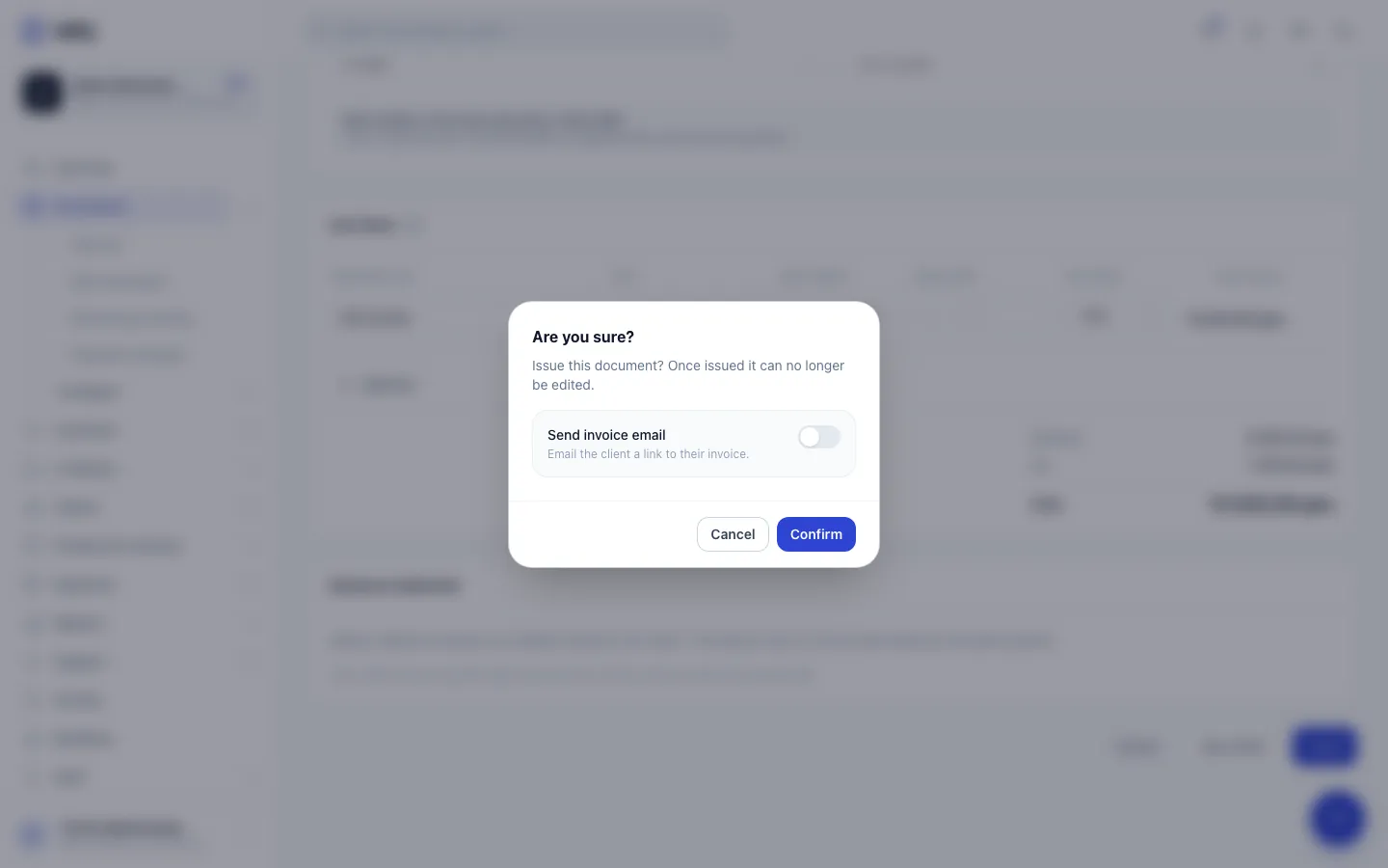 Step 6: Switch on Send invoice email to email the client a link to the document now.