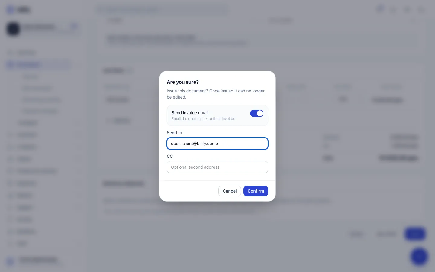 Step 8: Confirm. The document gets its number, is locked, the email goes out and the status becomes Sent.