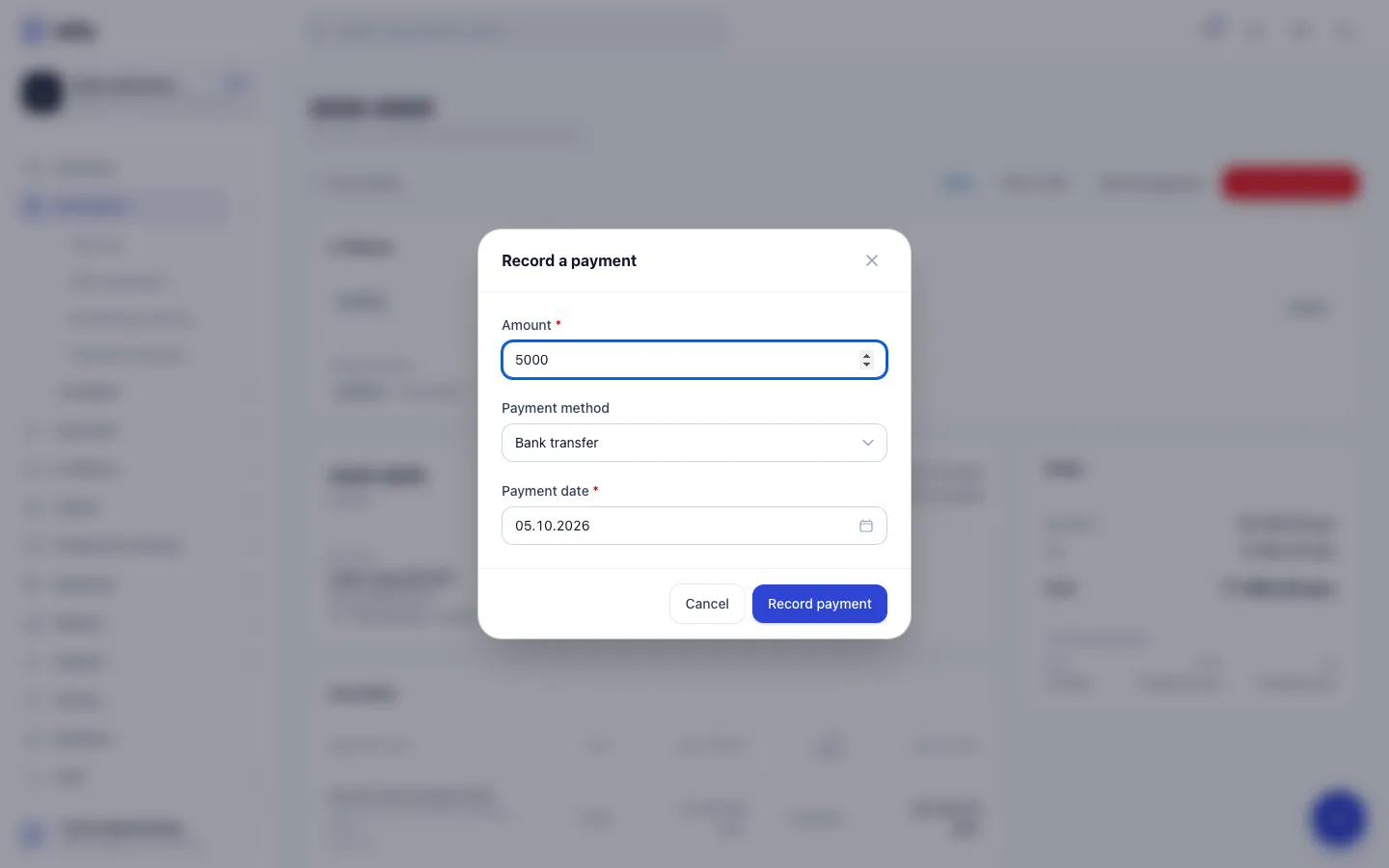 Step 4: Click Record payment. It appears under Payments and the status updates. Payments cannot be edited later.